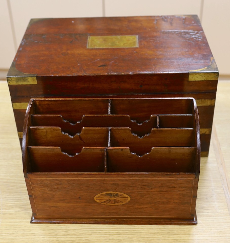 A military style Victorian mahogany box and Edwardian inlaid stationary rack, box 38 cms wide x 20 cms high